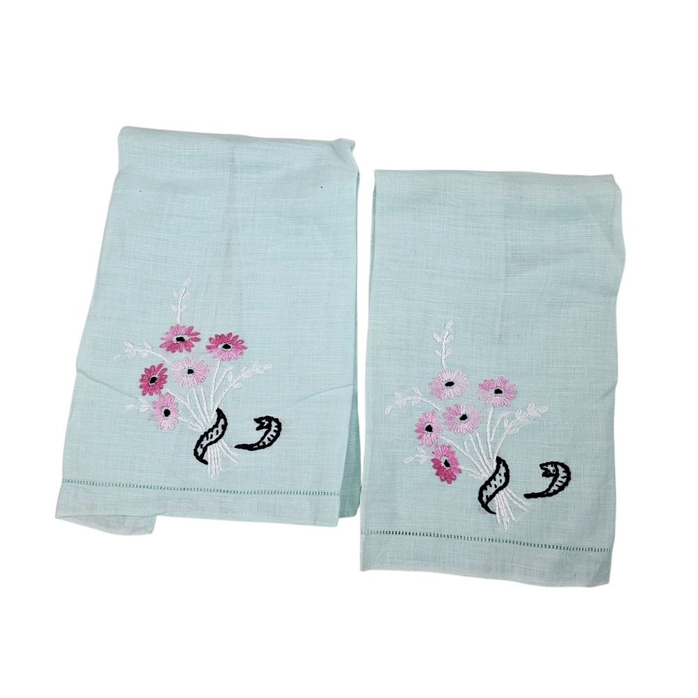 Vintage Hand Embroidered Floral Hand Towels Light Blue Hemstitched Set of 2